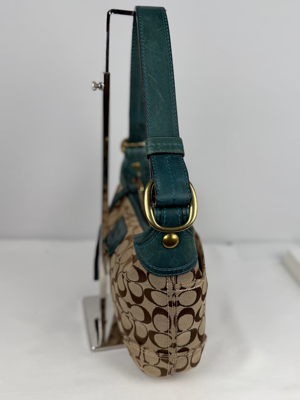 Coach 12594 Hobo Signature Brown Shoulder Bag Teal Leather Trim Convertible