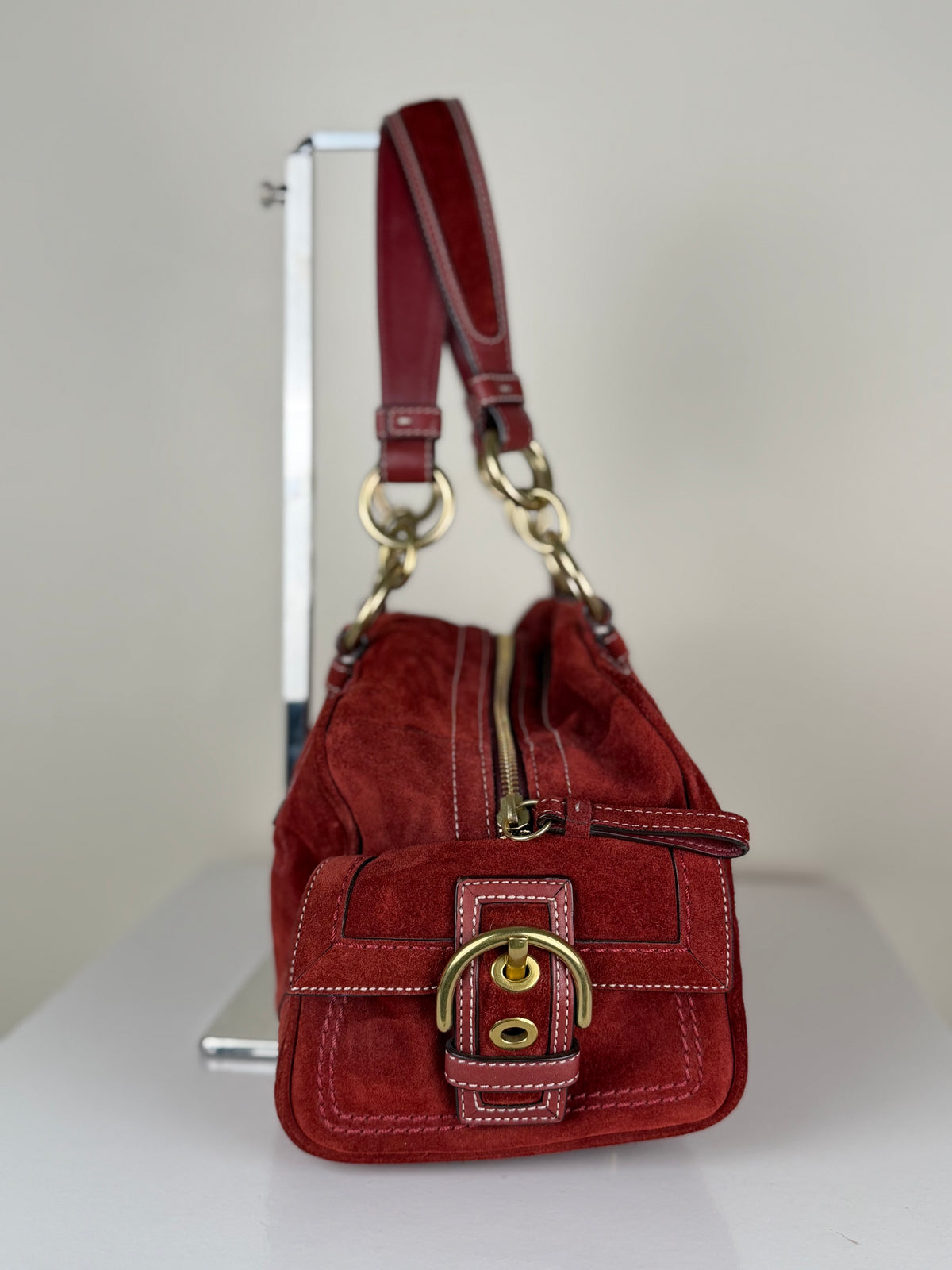 Coach Rare 10061 Mia Soho Red Suede Boston Shoulder Bag Leather Trim