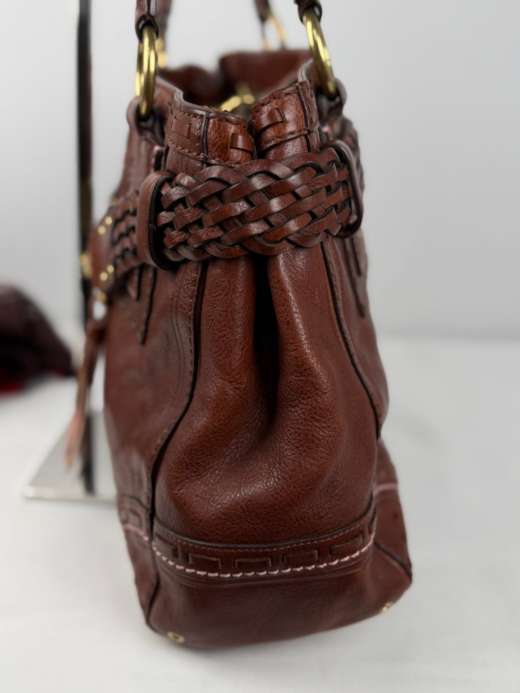 Coach 9290 Rare Hampton Clip Brown Leather Shoulder Bag Braided Detail