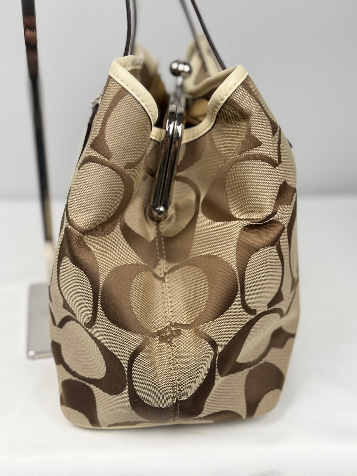 Coach F13533 Signature Brown Monogram Kisslock Shoulder Bag Cream Leather Trim