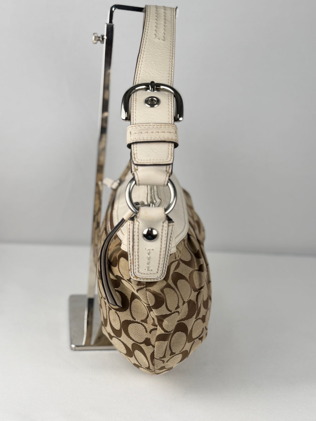 Coach F13740 Signature Brown Monogram White Leather Trim Hobo Shoulder Bag