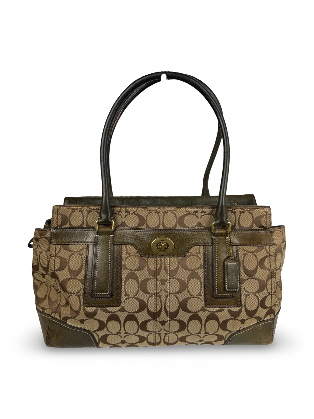 Coach 11063 Hampton Turnlock Signature Brown Shoulder Bag Leather Trim