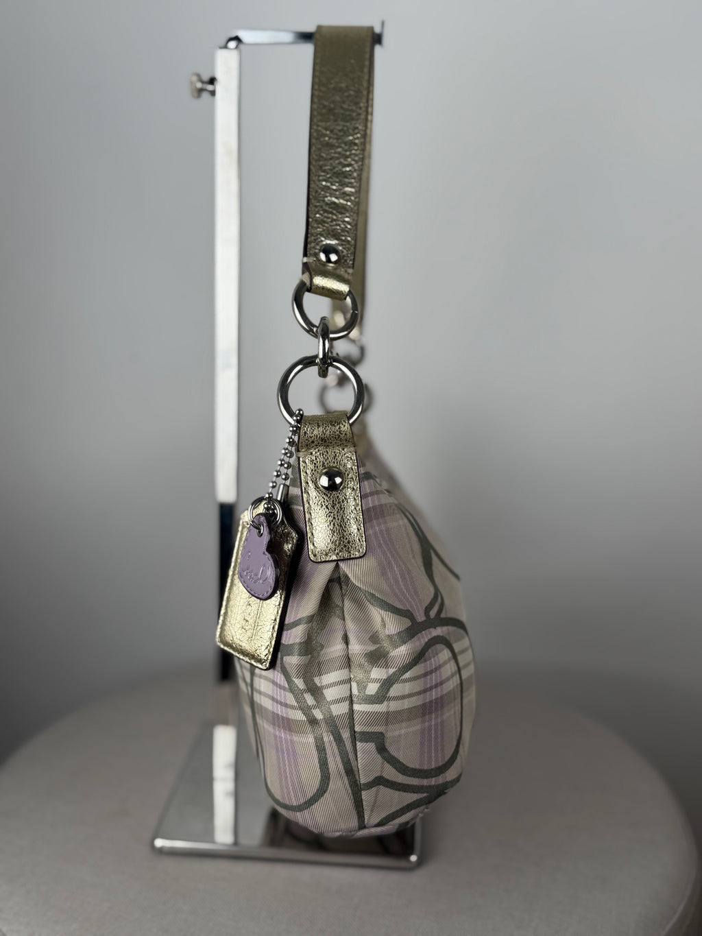 Coach F17120 Purple/Beige Checkered Monogram Shoulder Bag Leather Trim