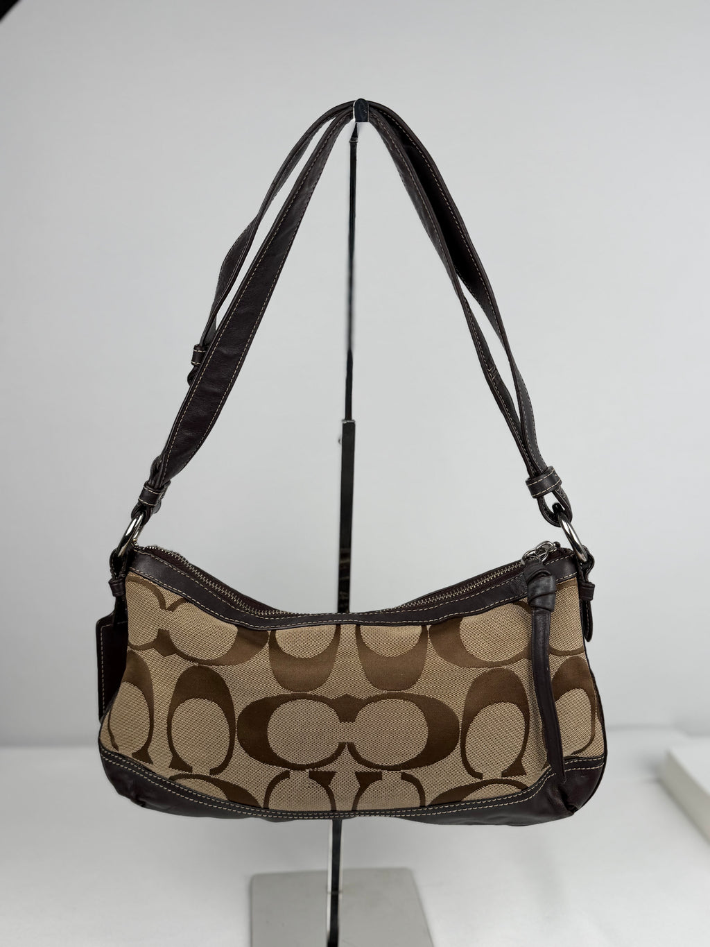 Coach F19731 Signature Brown Shoulder Bag Leather Trim