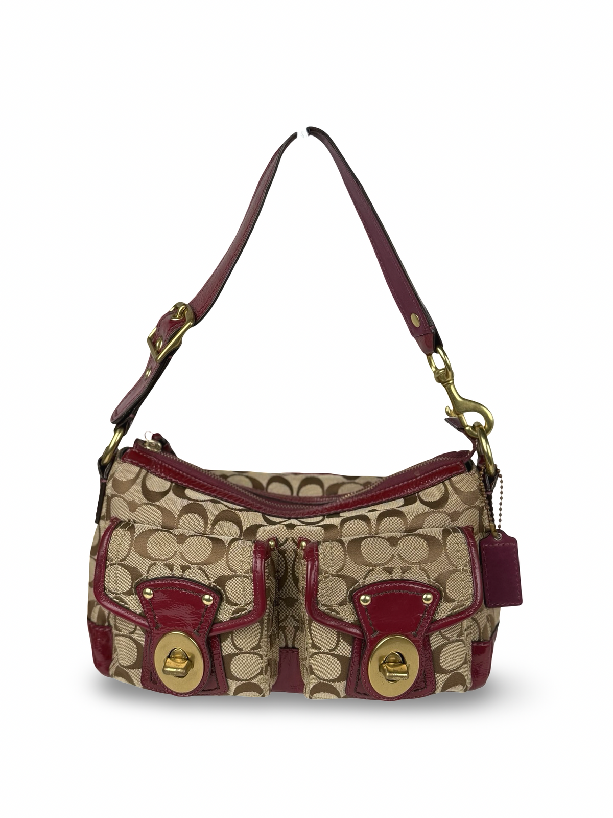 Rare Coach F12869 Legacy Double Pocket Turnlock Shoulder Bag Burgundy Patent Leather Trim