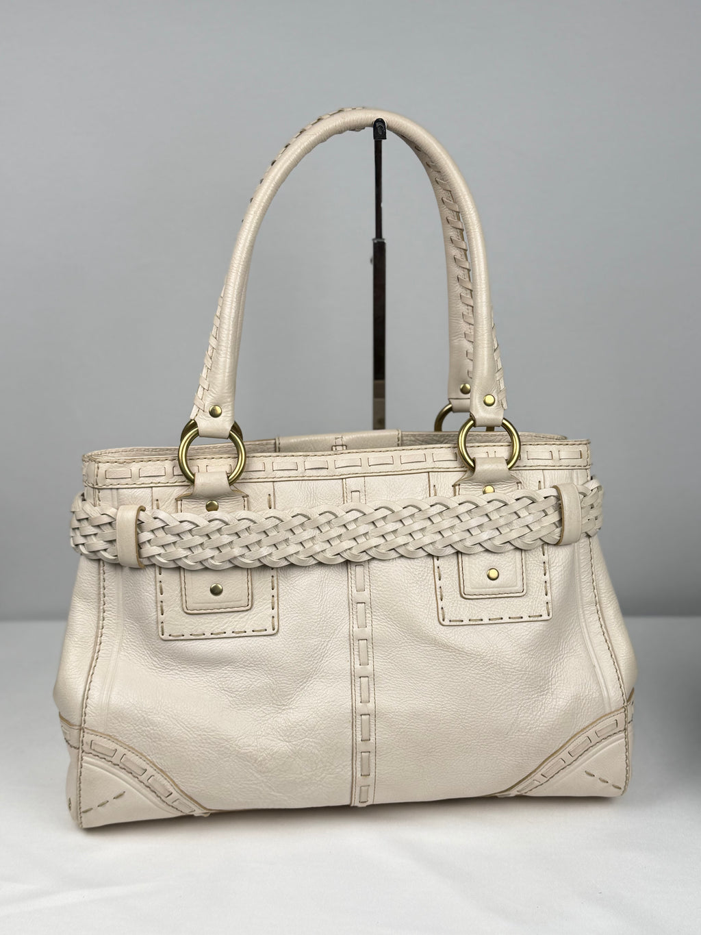 Coach 9290 Hampton Clip White Leather Shoulder Bag Braided Detailing