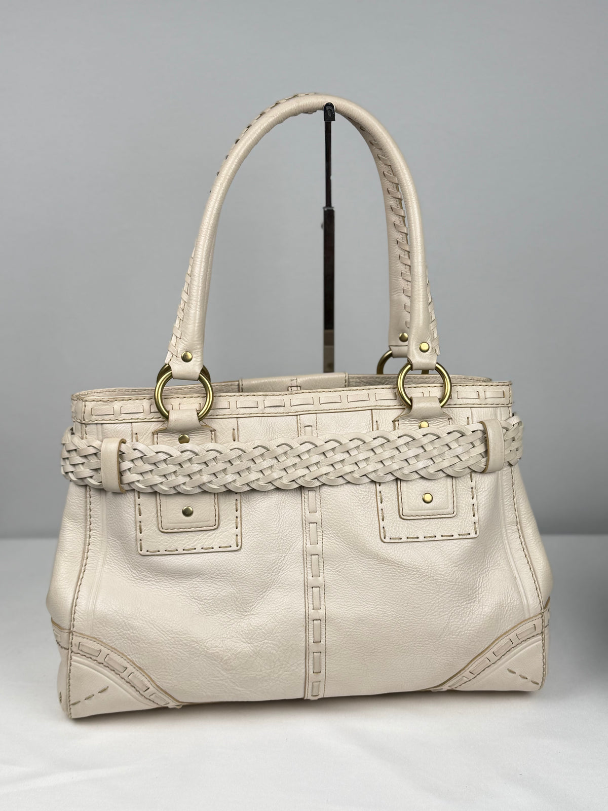 Coach 9290 Hampton Clip White Leather Shoulder Bag Braided Detailing