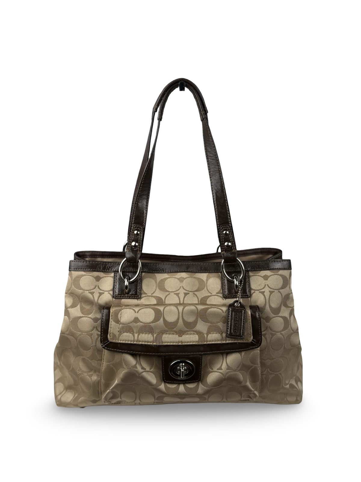 Coach F19043 Turnlock Signature Beige Monogram Shoulder Bag Brown Leather Trim