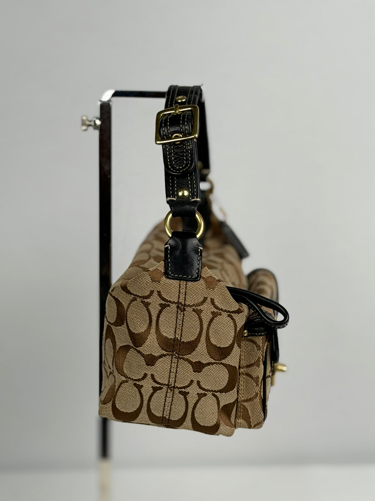 Coach 40224 Legacy Signature Brown Monogram Mini Shoulder Bag Leather Trim