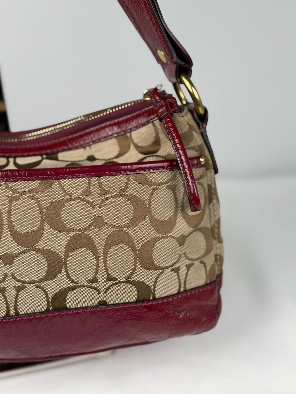 Rare Coach F12869 Legacy Double Pocket Turnlock Shoulder Bag Burgundy Patent Leather Trim