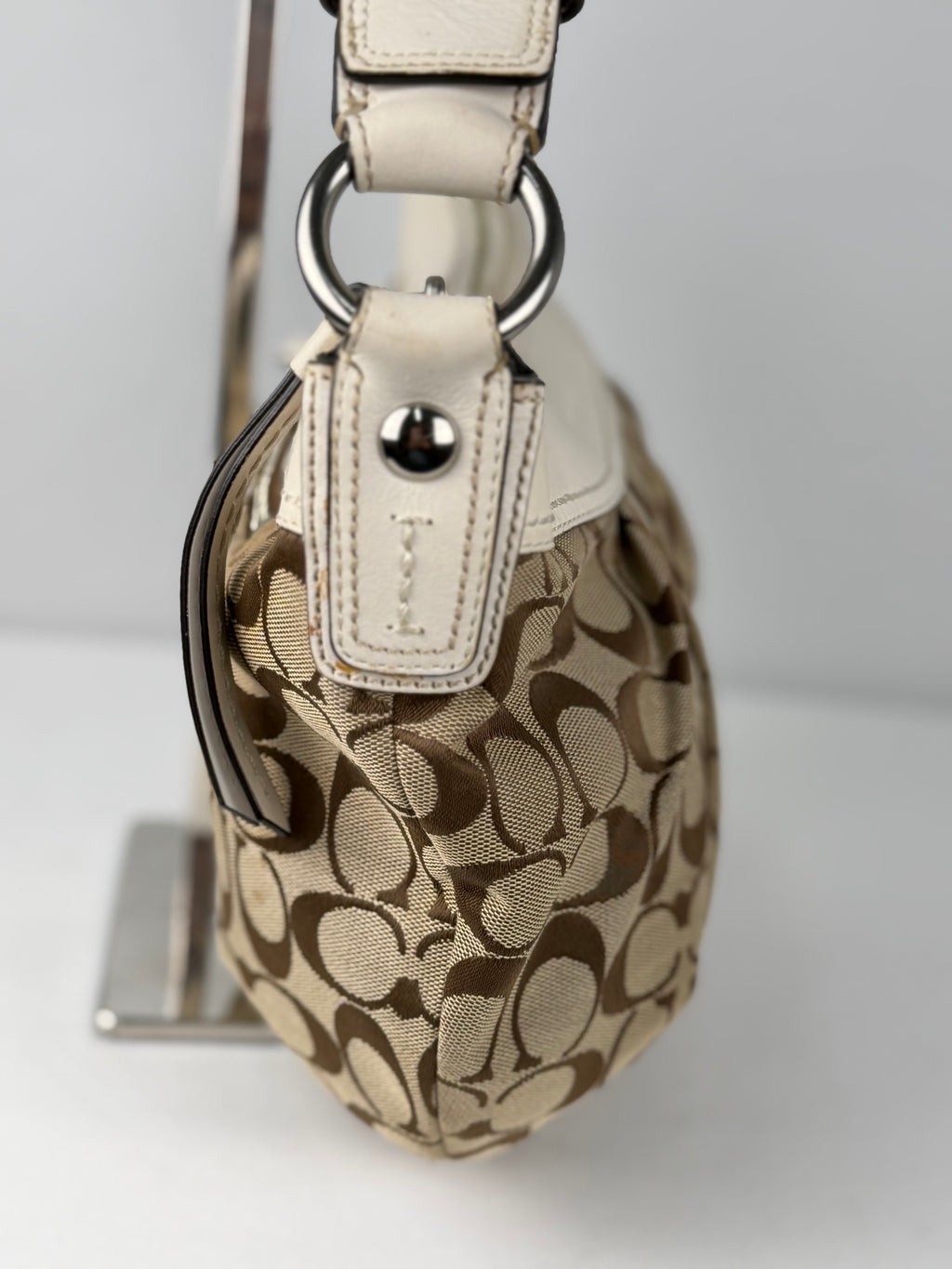 Coach F13740 Signature Brown Monogram White Leather Trim Hobo Shoulder Bag
