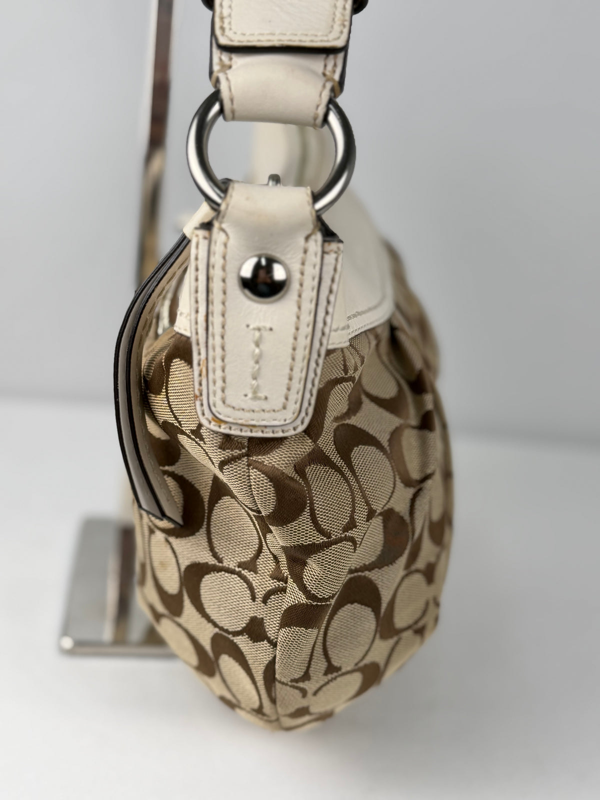 Coach F13740 Signature Brown Monogram White Leather Trim Hobo Shoulder Bag