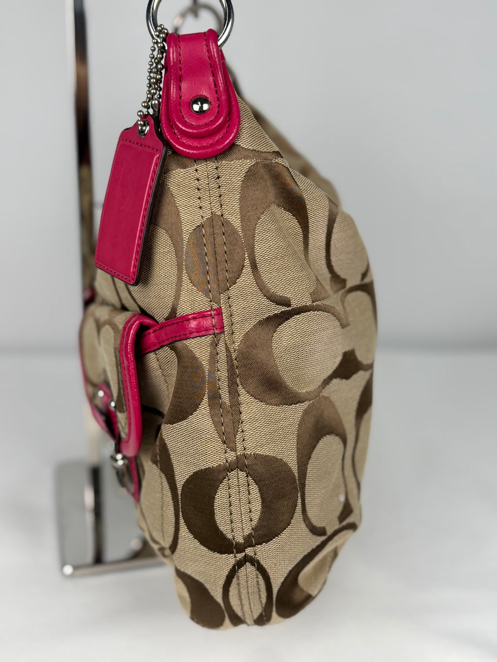 Coach F23392 Daisy Signature Brown Monogram Double Pocket Shoulder Bag Pink Leather Trim