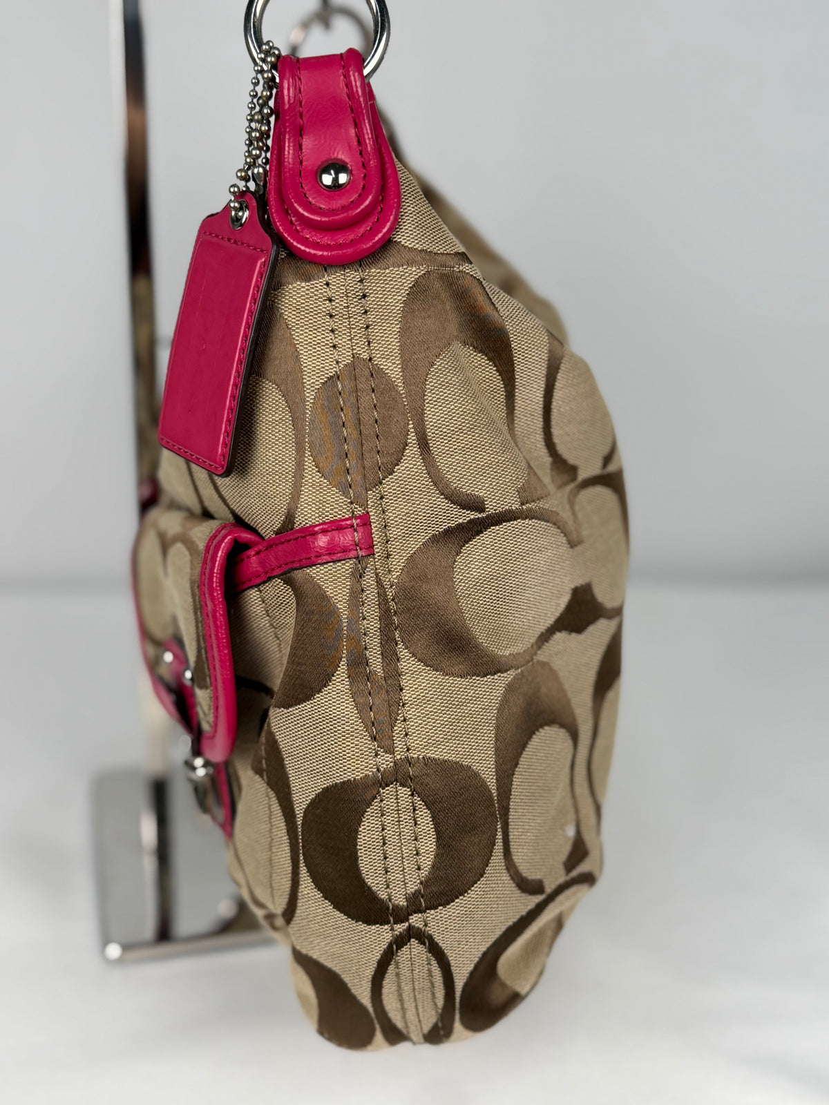 Coach F23392 Daisy Signature Brown Monogram Double Pocket Shoulder Bag Pink Leather Trim