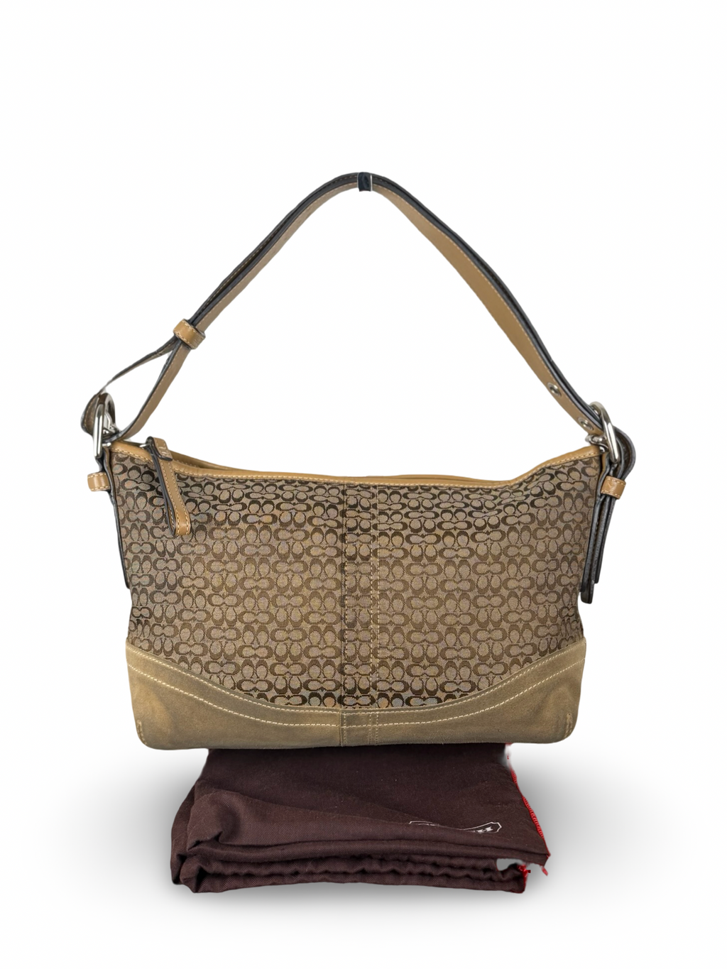 Coach F10945 Signature Brown Shoulder Bag Suede Leather Trim