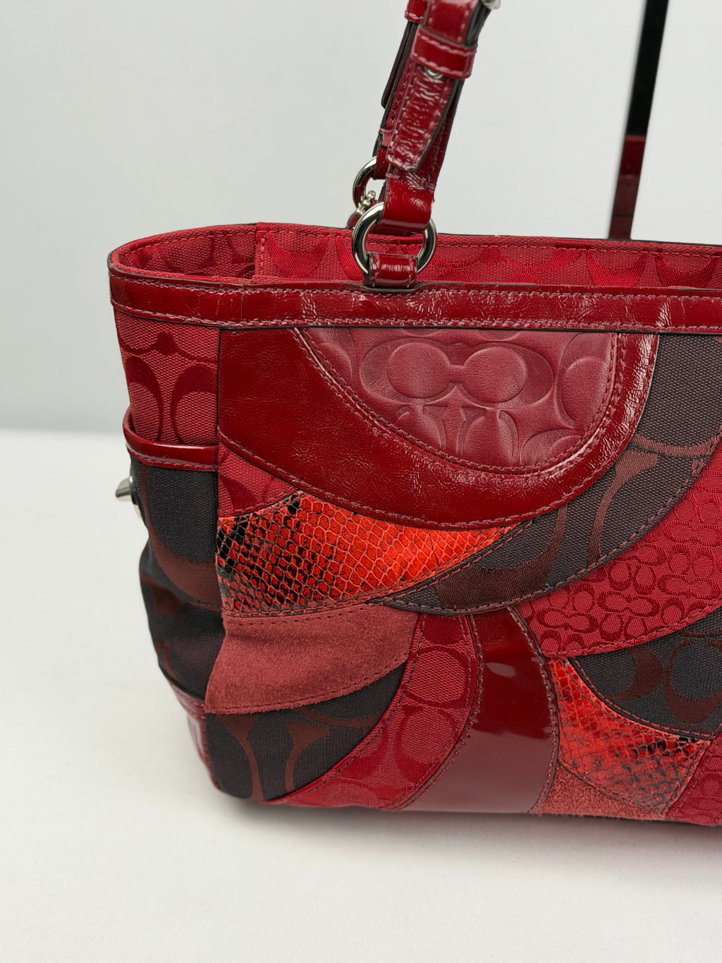 Coach F14004 Rare Red Patchwork Suede/Leather/Canvas Gallery Tote Shoulder Bag