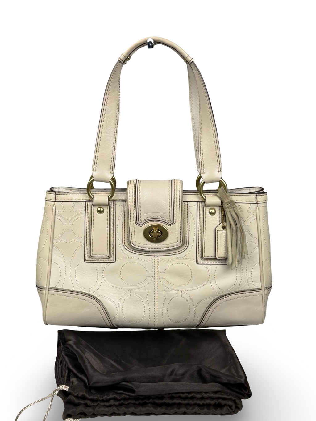Coach 11330 Hampton Turnlock Flap White Leather C Embossed Shoulder Bag