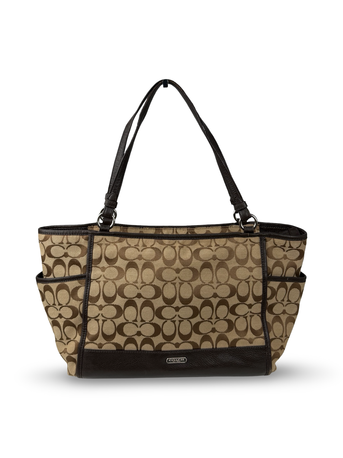 Coach F28728 Signature Brown Monogram Shoulder Bag Leather Trim