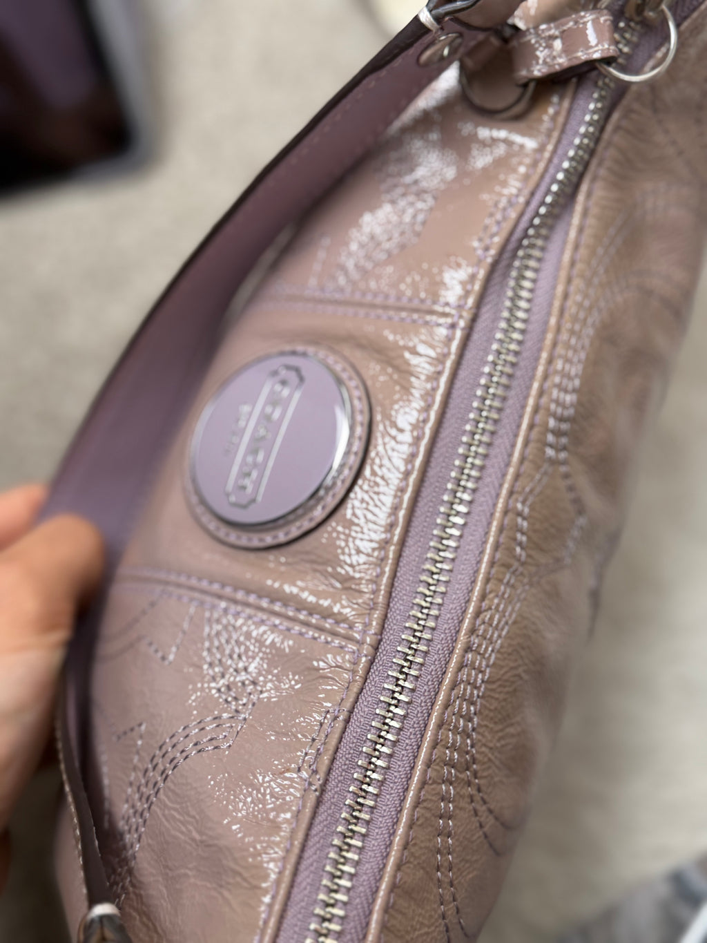 Coach F15141 Monogram Embossed Purple Patent Leather Shoulder Bag with Detachable Crossbody Strap