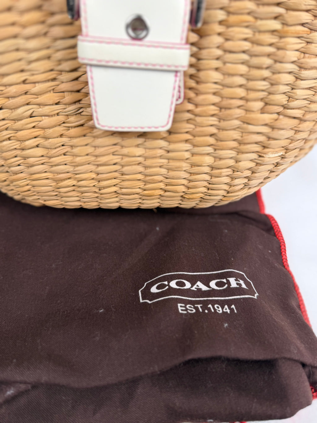 Coach 6271 Large Woven Straw Basket Bag White Leather Trim