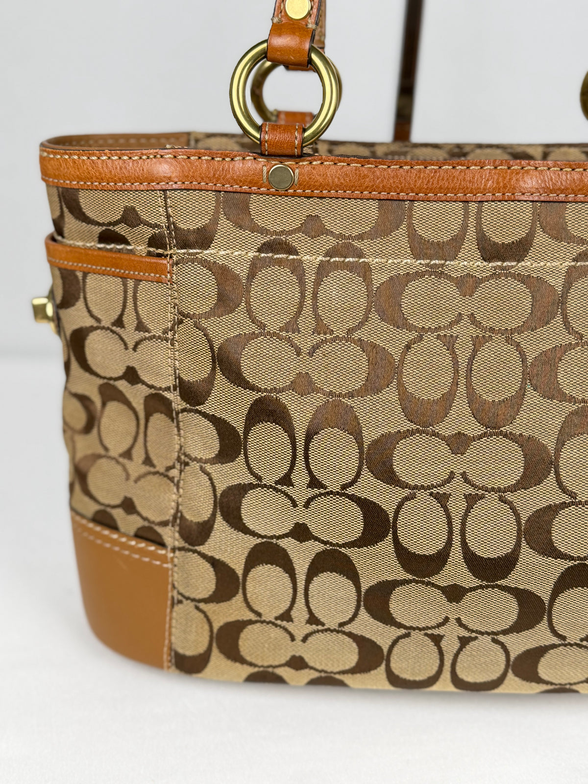Coach 11237 Gallery Tote Signature Brown Monogram Shoulder Bag Leather Trim