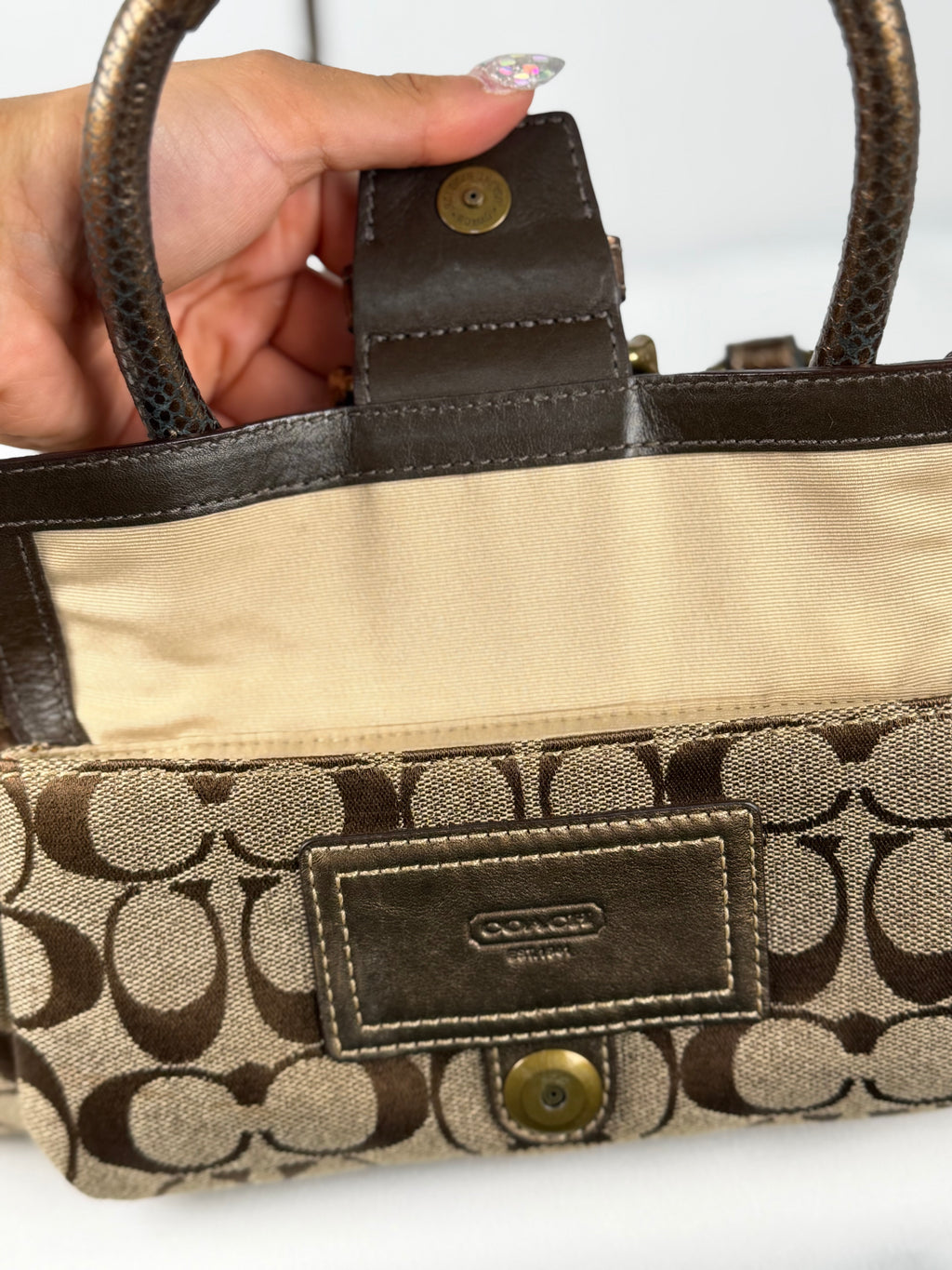 Coach 8K40 Soho Signature Brown Monogram Mini Shoulder Bag Leather Trim