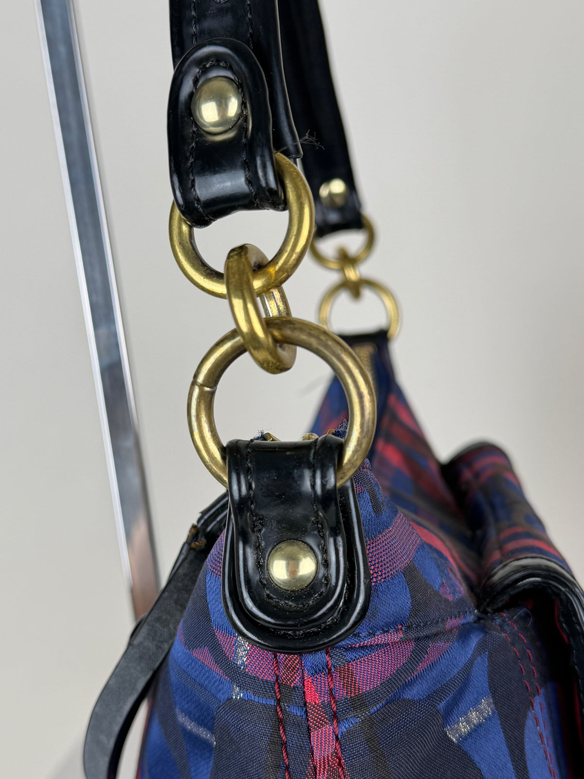 Coach 21621 Check Pattern Blue/Red/Pink Monogram Shoulder Bag
