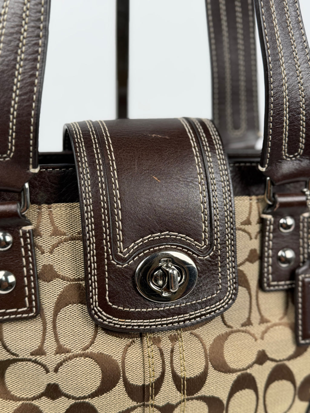 Coach F13975 Hampton Turnlock Flap Signature Brown Monogram Shoulder Bag Leather Trim