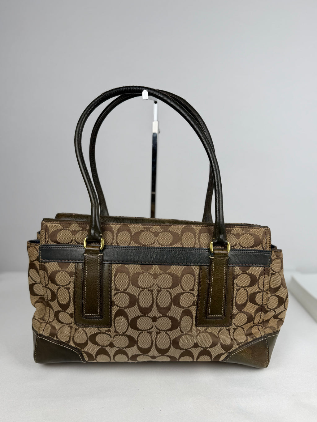 Coach 11063 Hampton Turnlock Signature Brown Shoulder Bag Leather Trim