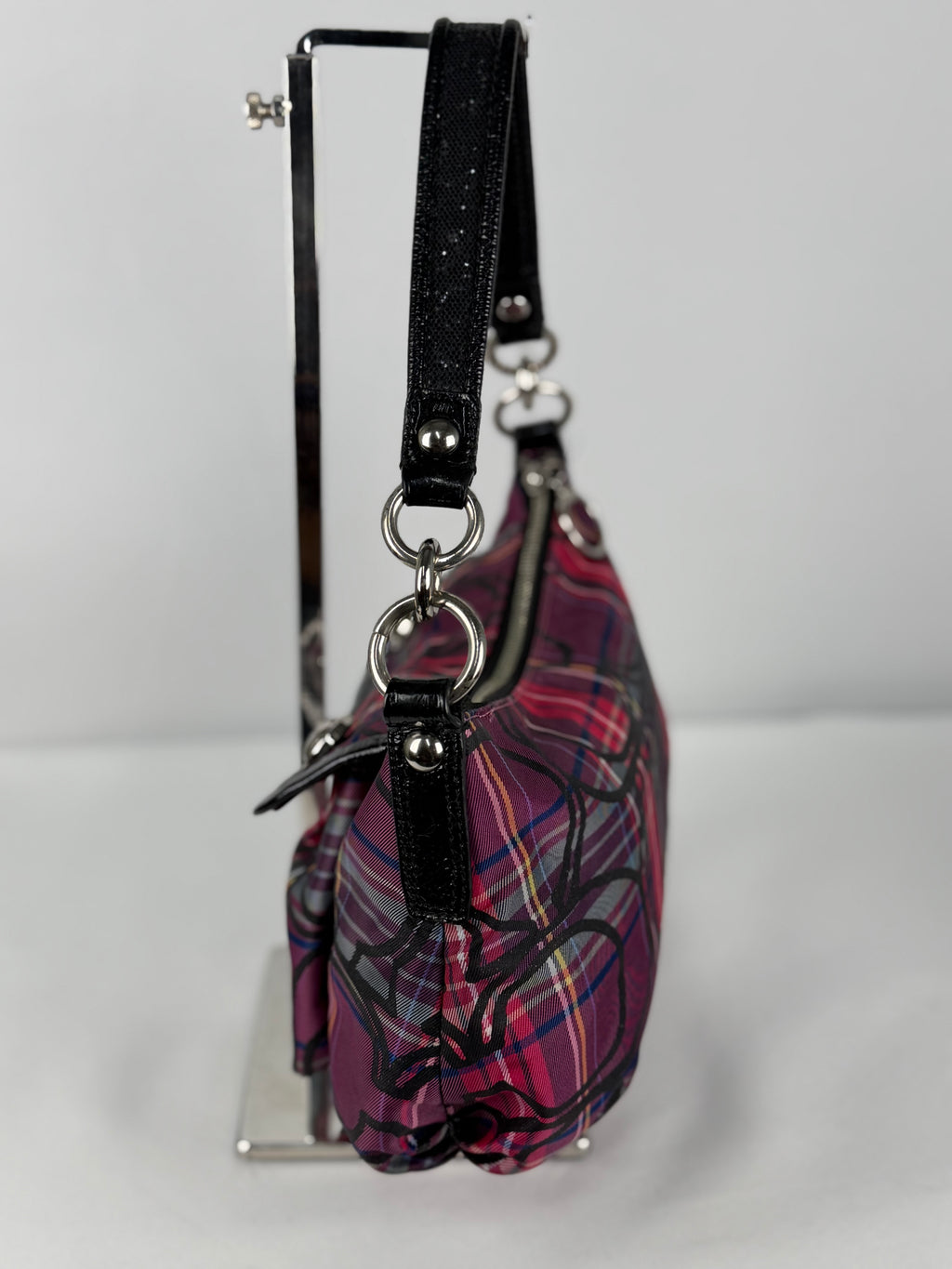 Coach 14366 Poppy Tartan Pink/Purple/Black Shoulder Bag Leather Trim