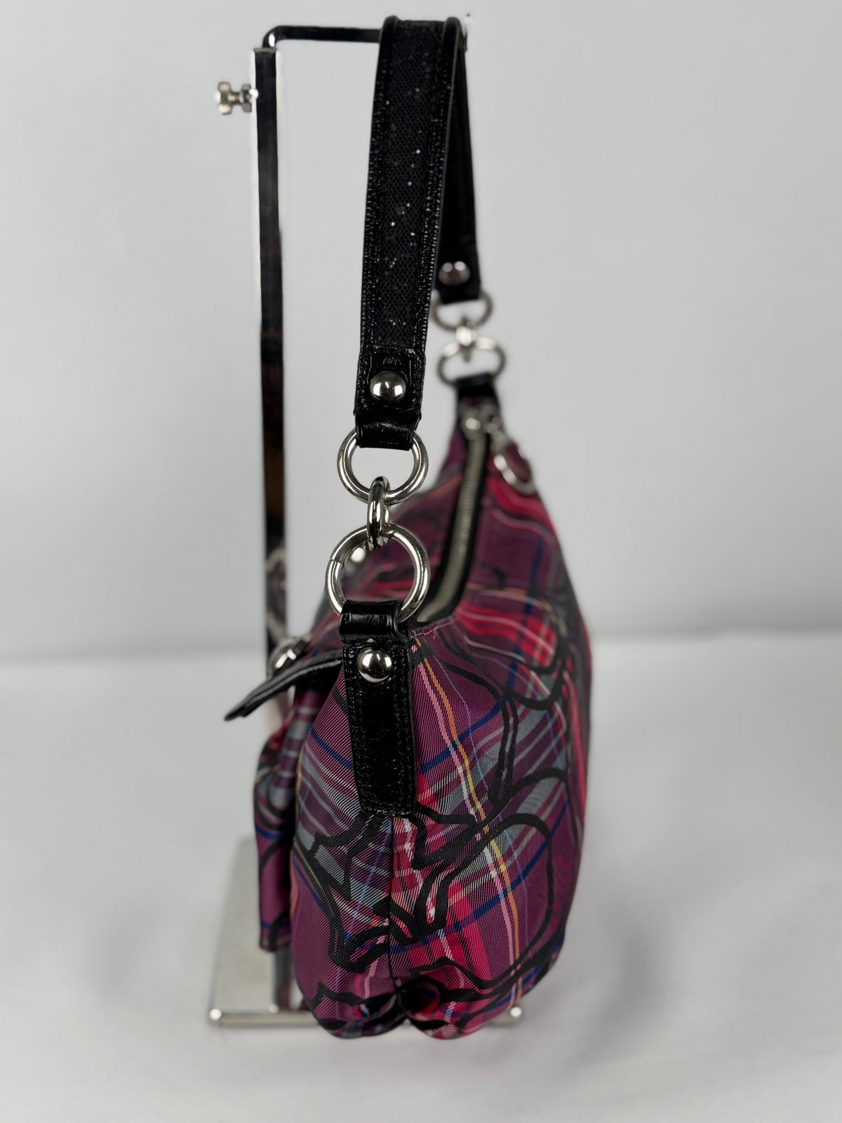 Coach 14366 Poppy Tartan Pink/Purple/Black Shoulder Bag Leather Trim