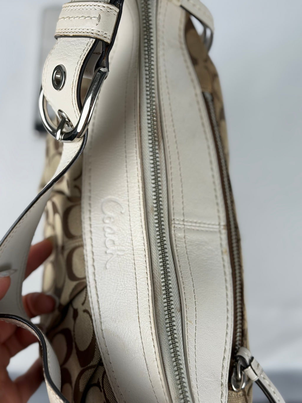 Coach F13740 Signature Brown Monogram White Leather Trim Hobo Shoulder Bag