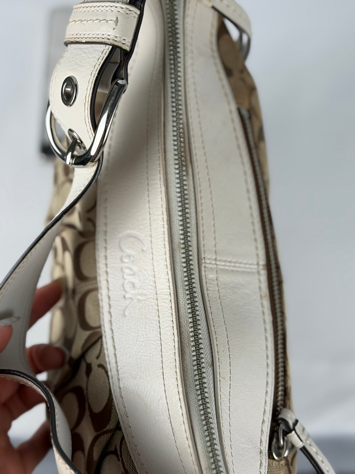 Coach F13740 Signature Brown Monogram White Leather Trim Hobo Shoulder Bag