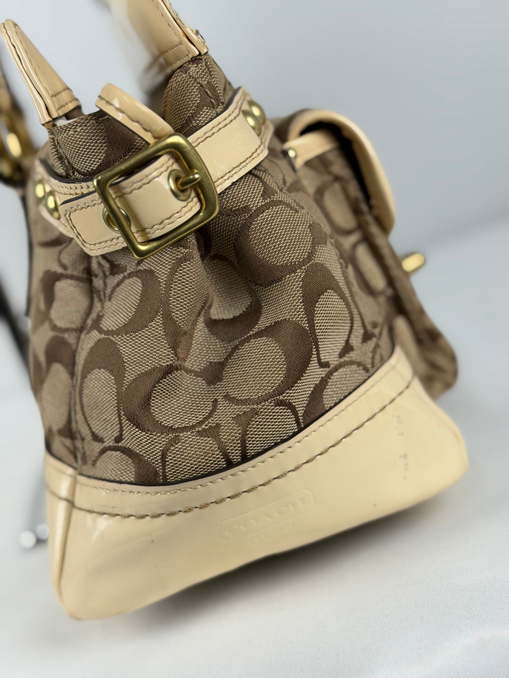 Coach Legacy F13131 Signature Brown Monogram Cream Patent Leather Satchel Shoulder Bag