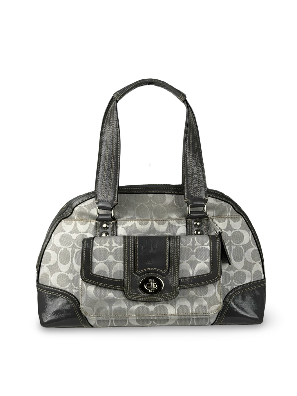 Coach F13977 Hampton Turnlock Signature Grey Monogram Dome Shoulder Bag Leather Trim