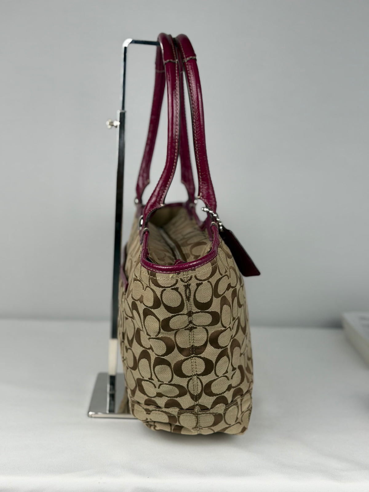 Coach F14385 Bleecker Signature Brown Shoulder Bag Purple Leather Trim