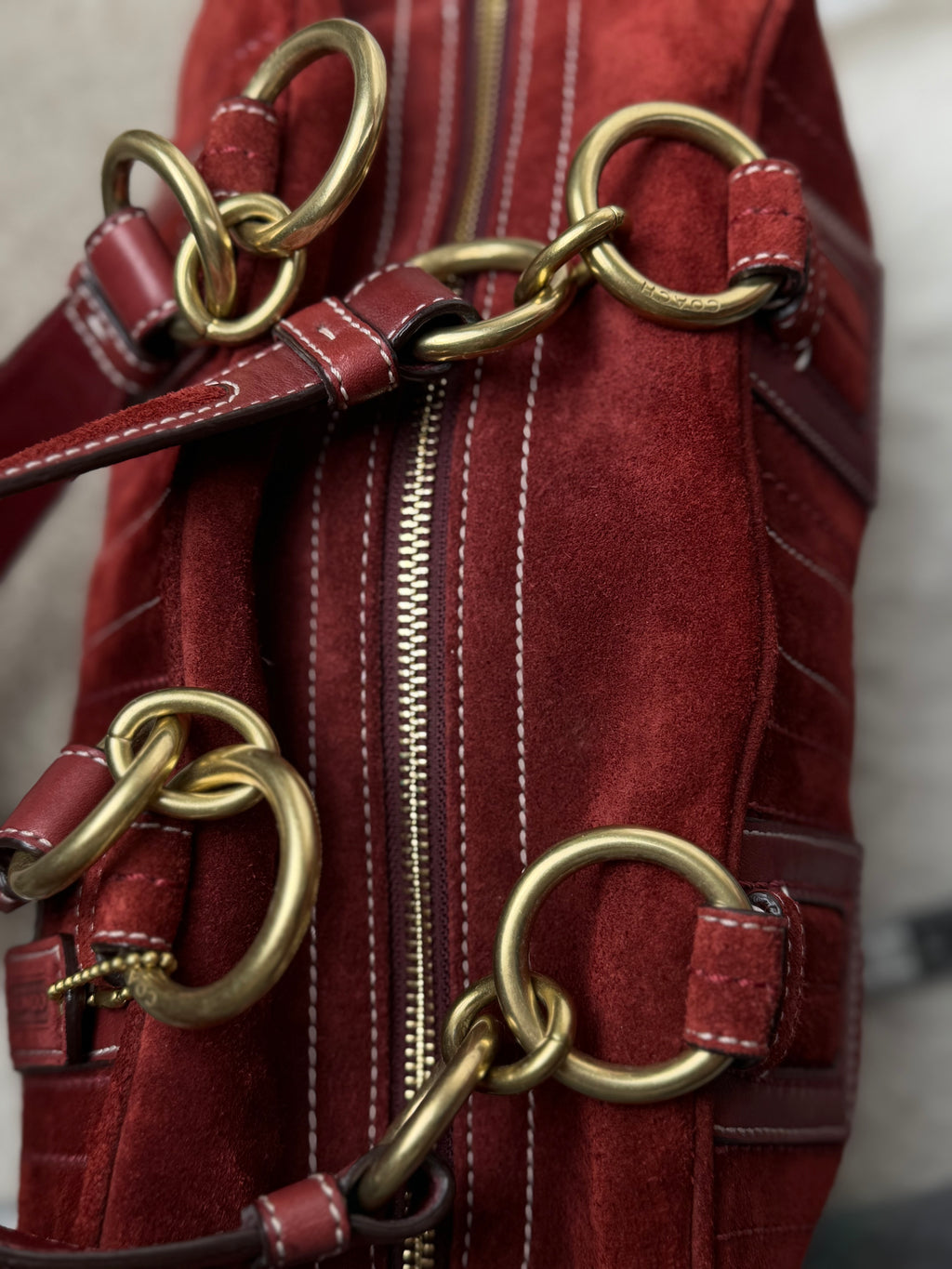 Coach Rare 10061 Mia Soho Red Suede Boston Shoulder Bag Leather Trim