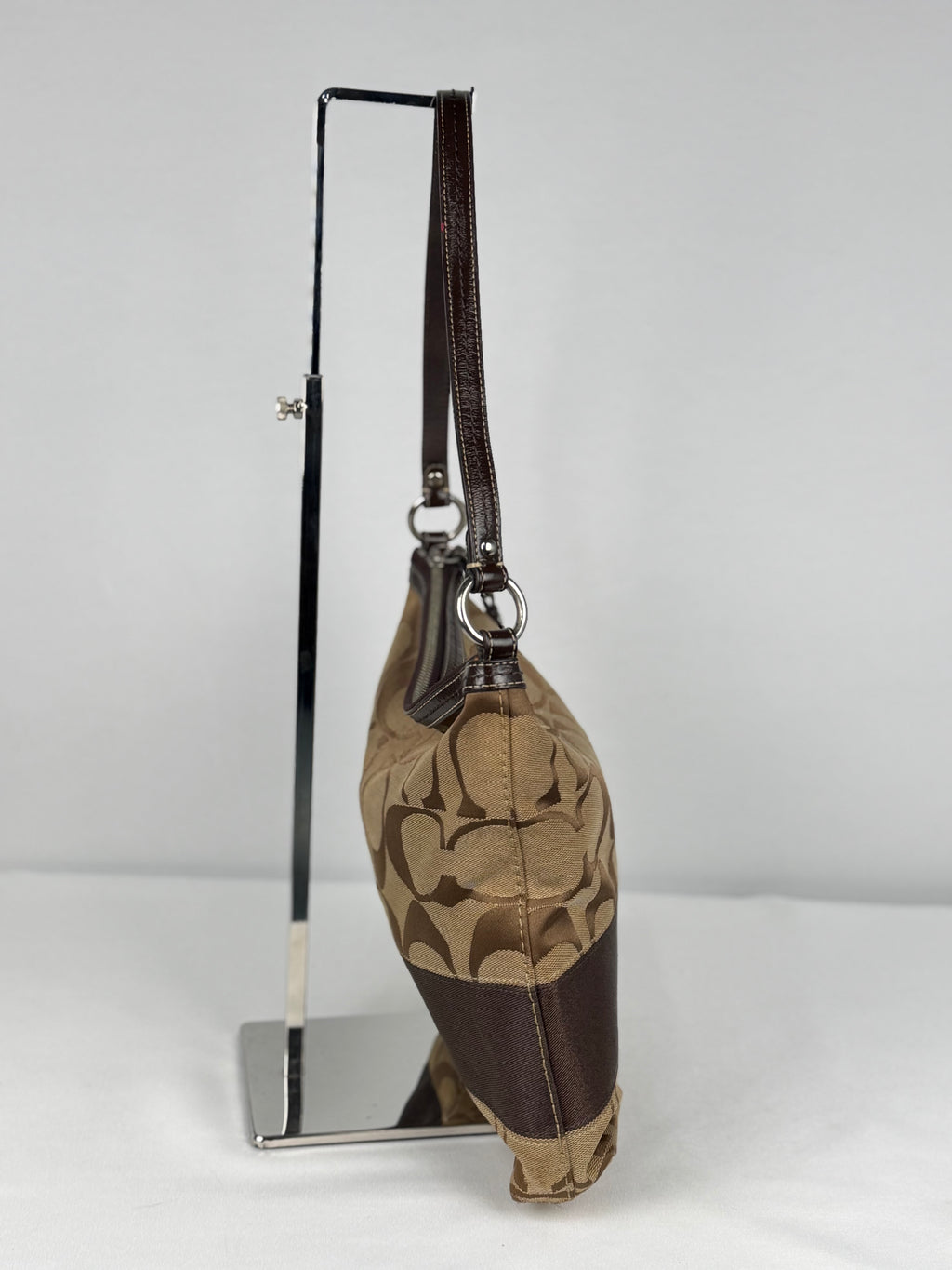 Coach F13674 Signature Brown Monogram Shoulder Bag Leather Trim
