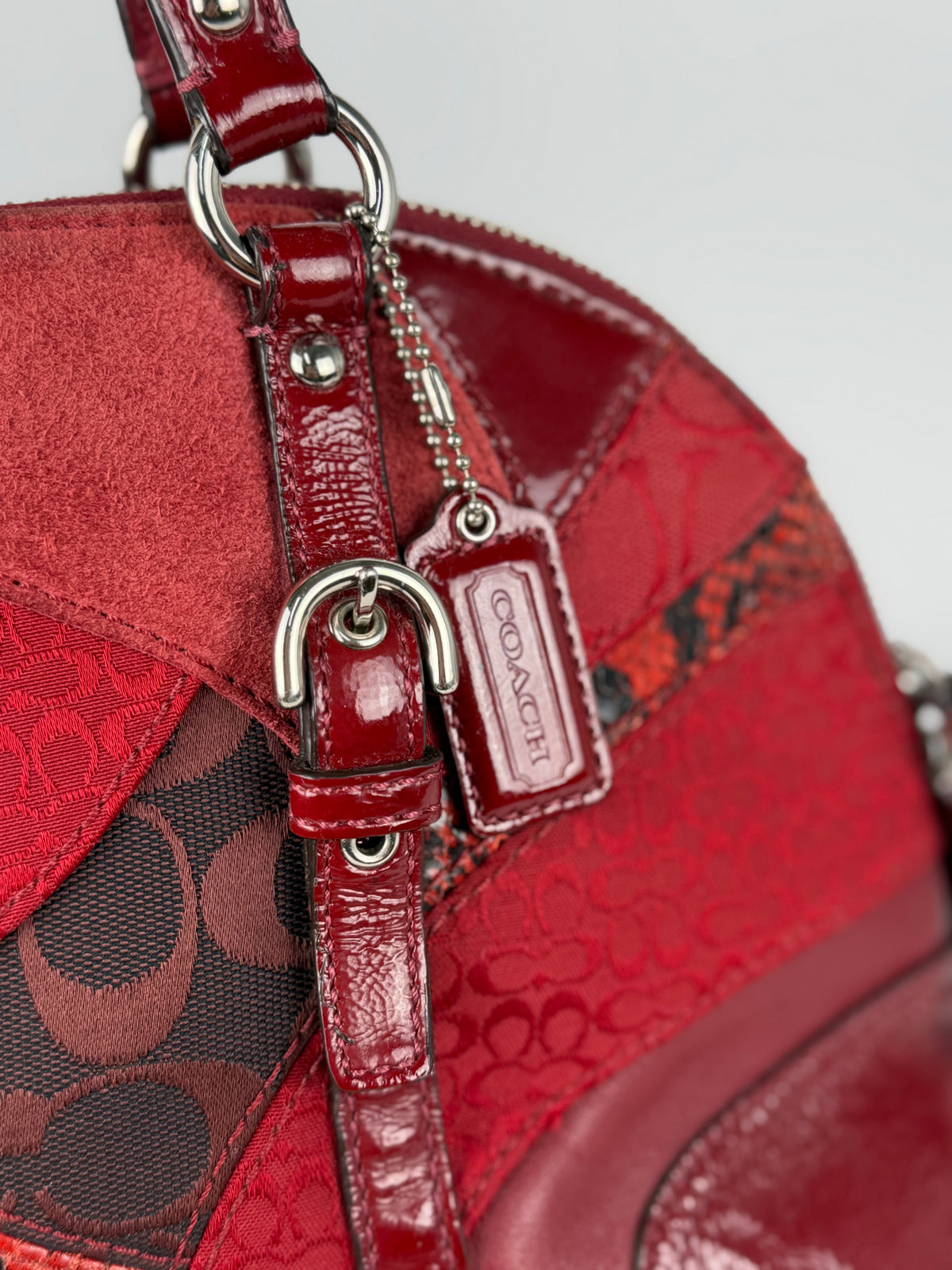 Rare Coach F14007 Red Patchwork Canvas Suede Leather Shoulder Bag