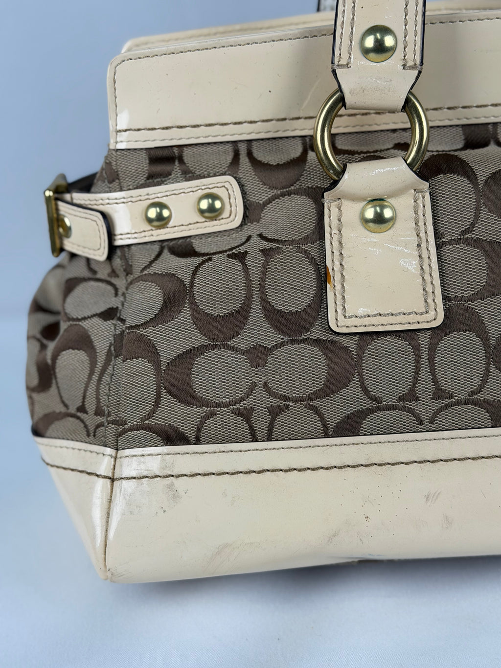 Coach Legacy F13131 Signature Brown Monogram Cream Patent Leather Satchel Shoulder Bag