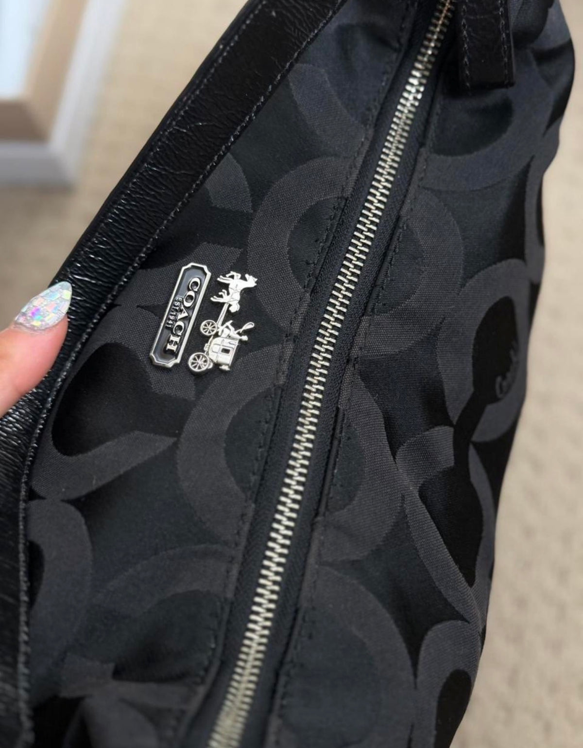 Coach 17694 Signature Black Op Art Monogram Shoulder Bag Leather Trim