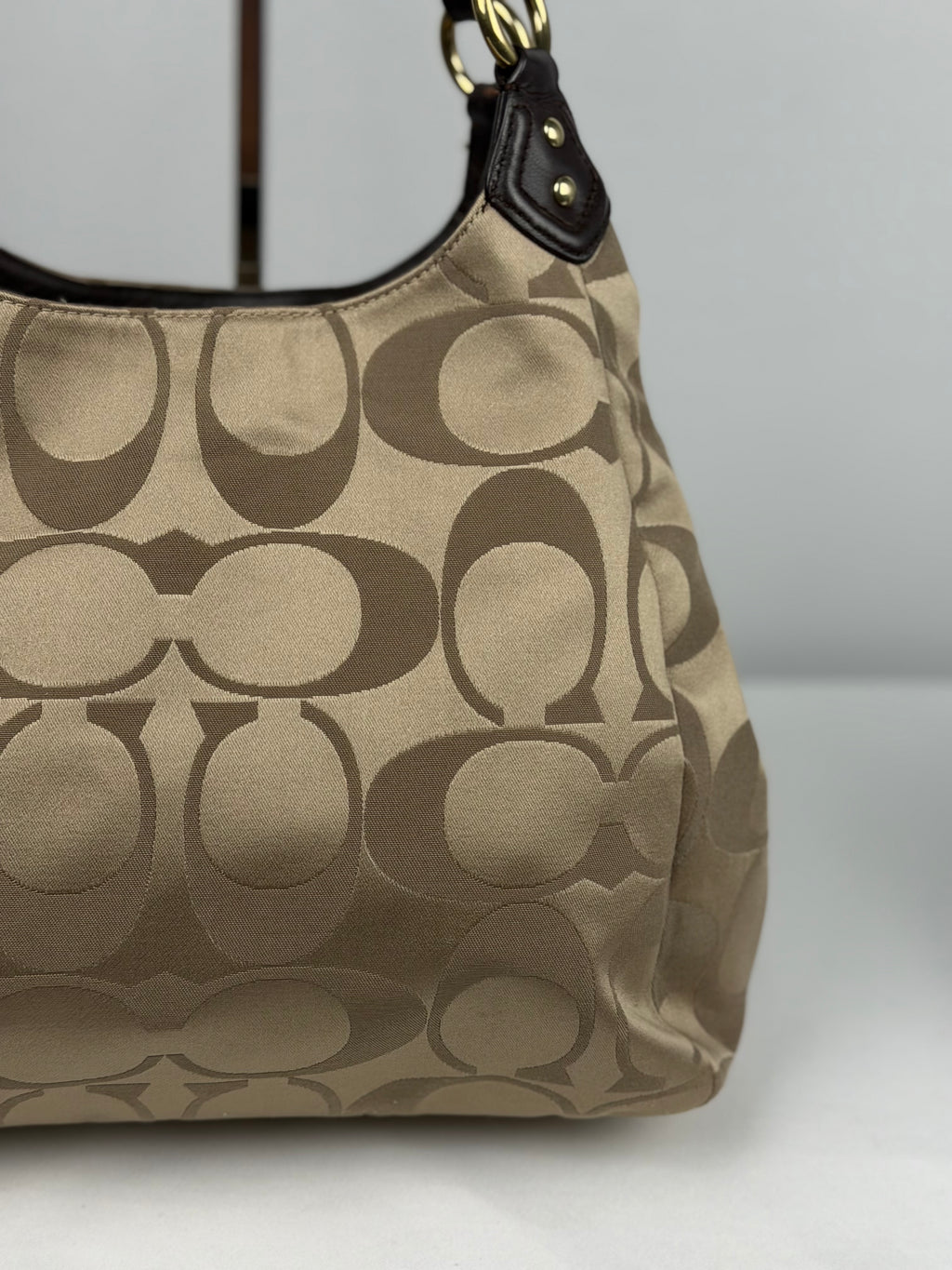 Coach F24742 Soho Beige Monogram Shoulder Bag Brown Leather Trim
