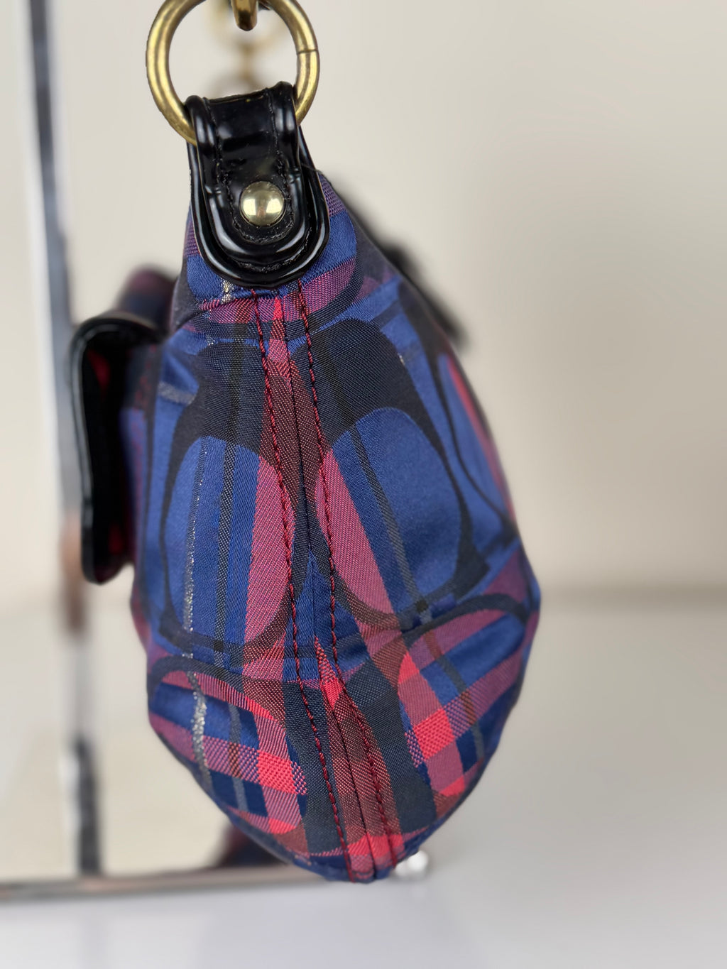 Coach 21621 Check Pattern Blue/Red/Pink Monogram Shoulder Bag