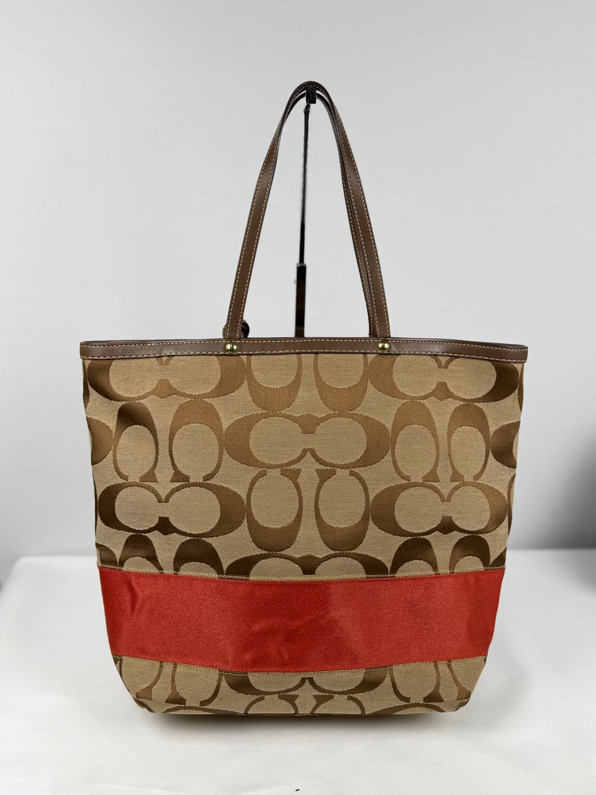 Coach 862P Signature Brown and Red Monogram Tote Shoulder Bag Leather Trim