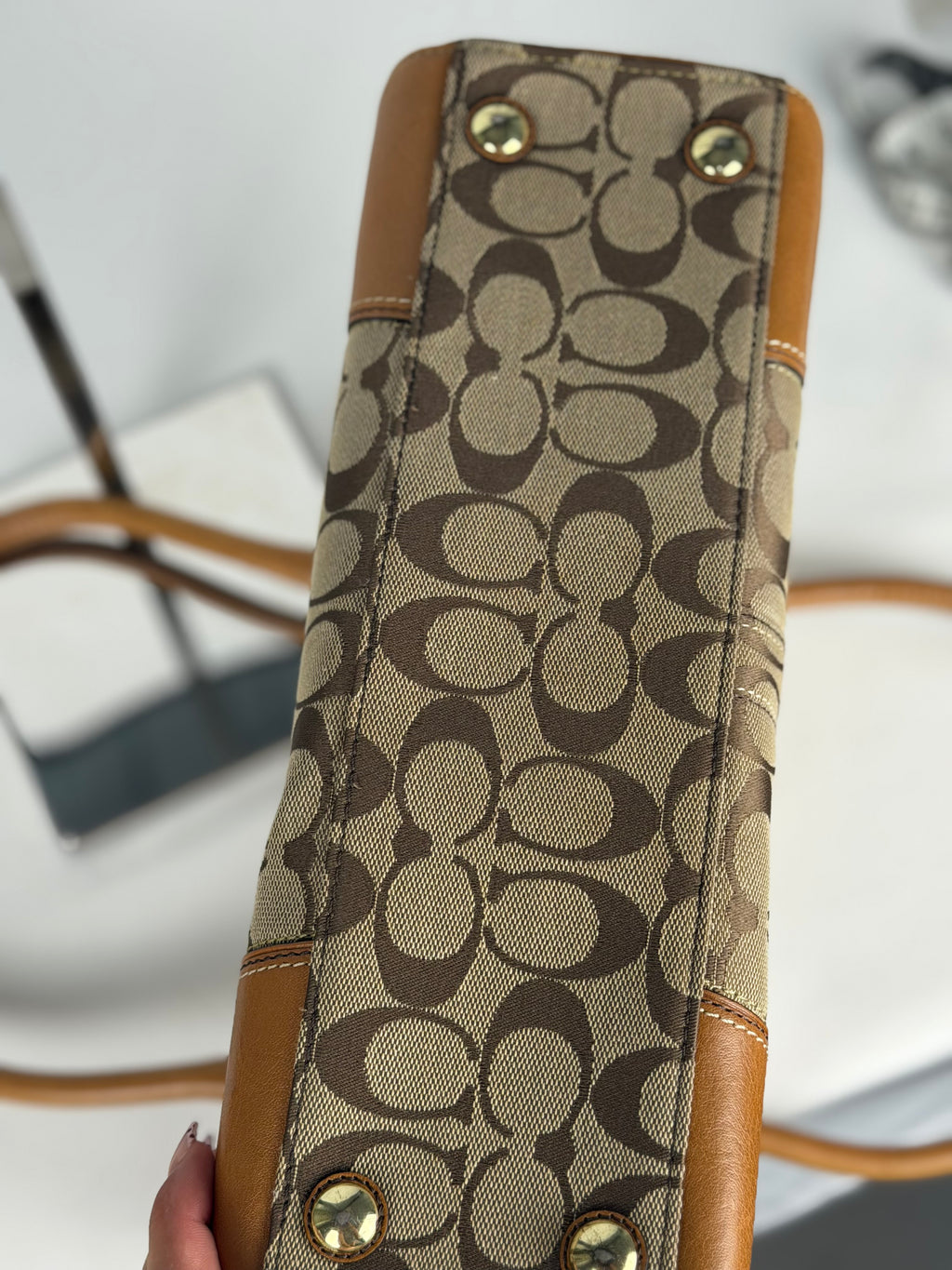 Coach 11062 Hampton Signature Brown Monogram Shoulder Bag Leather Trim