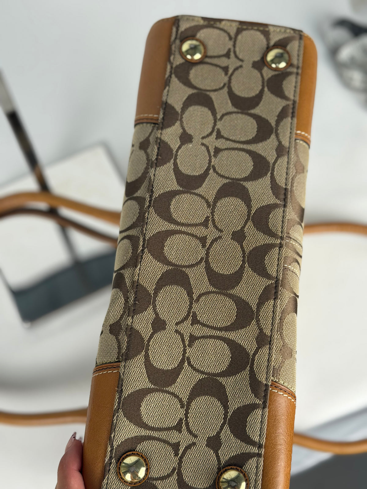 Coach 11062 Hampton Signature Brown Monogram Shoulder Bag Leather Trim