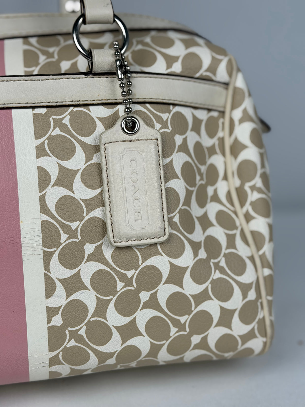 Coach F15132 Heritage Stripe Signature Boston Leather Shoulder Bag
