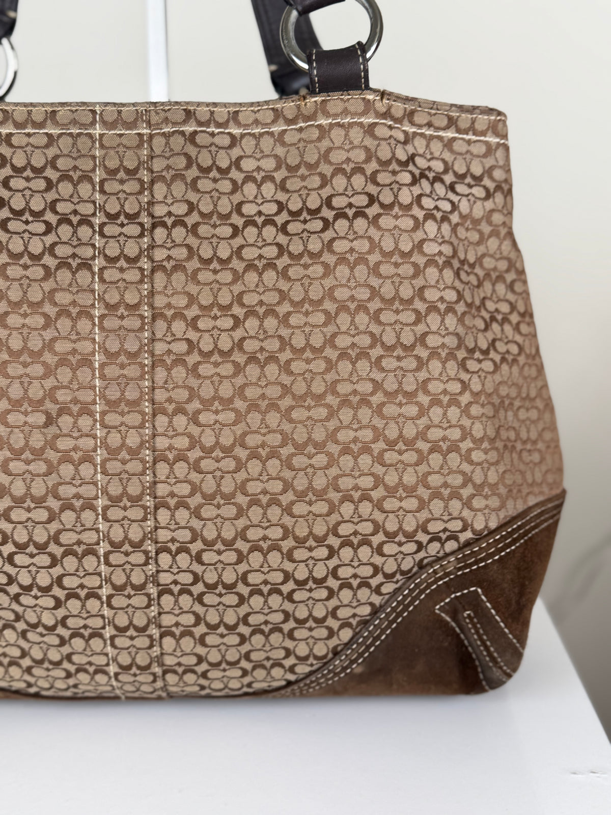 Coach 6427 Signature Brown Monogram Soho Shoulder Bag Suede Leather Trim