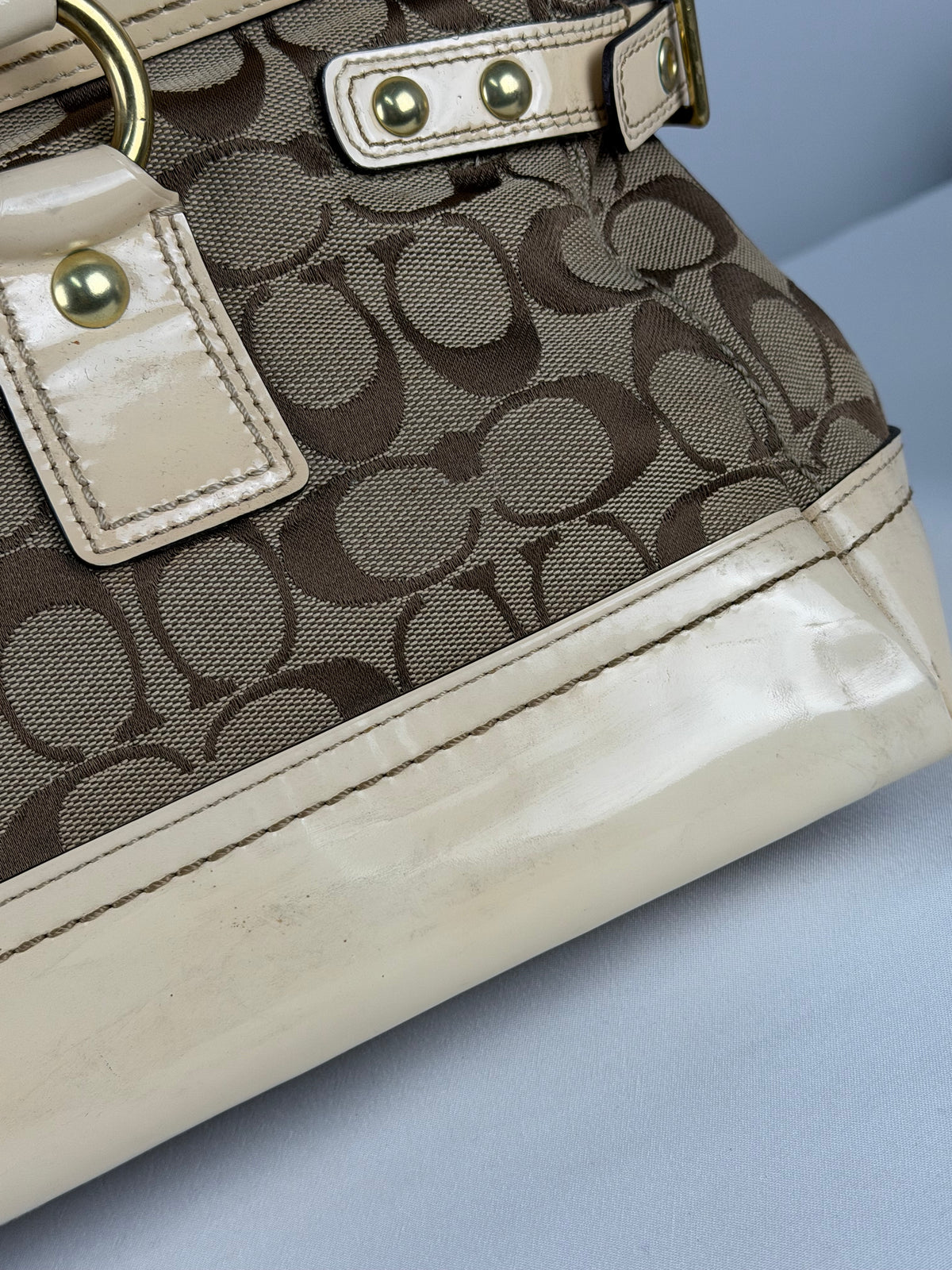 Coach Legacy F13131 Signature Brown Monogram Cream Patent Leather Satchel Shoulder Bag