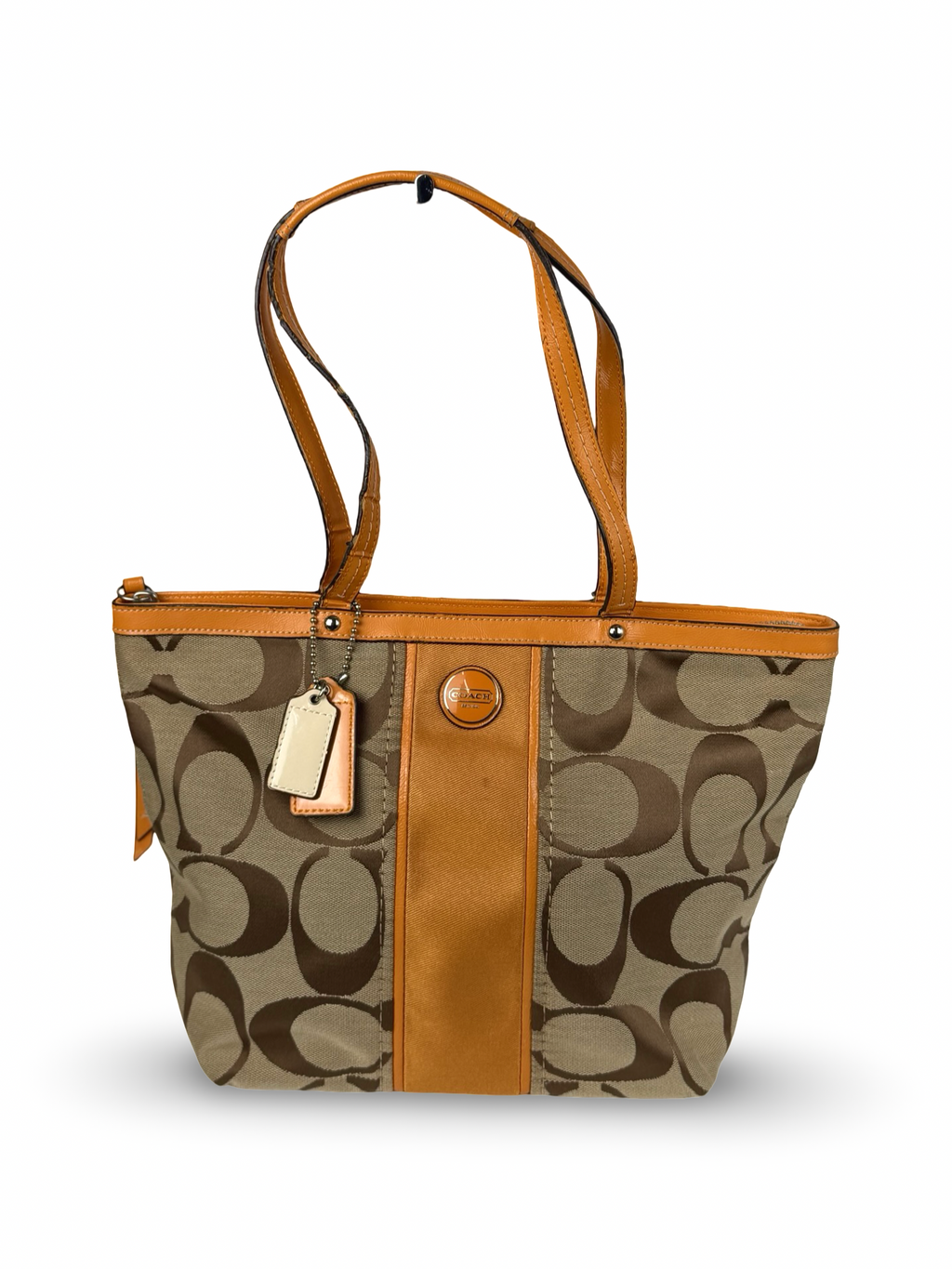 Coach F21950 Signature Orange/Brown Monogram Tote Shoulder Bag Leather Trim